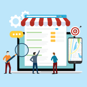 Group of people, local business citation, market strategy showing in search engine optimization working a team together on front of online store with google map mobile on phone