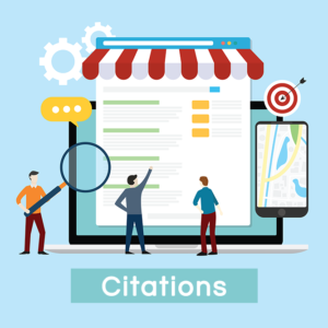 Local business citation and citation building service with seo market strategy showing in search engine optimization working a team together on front of online store with google map mobile on phone