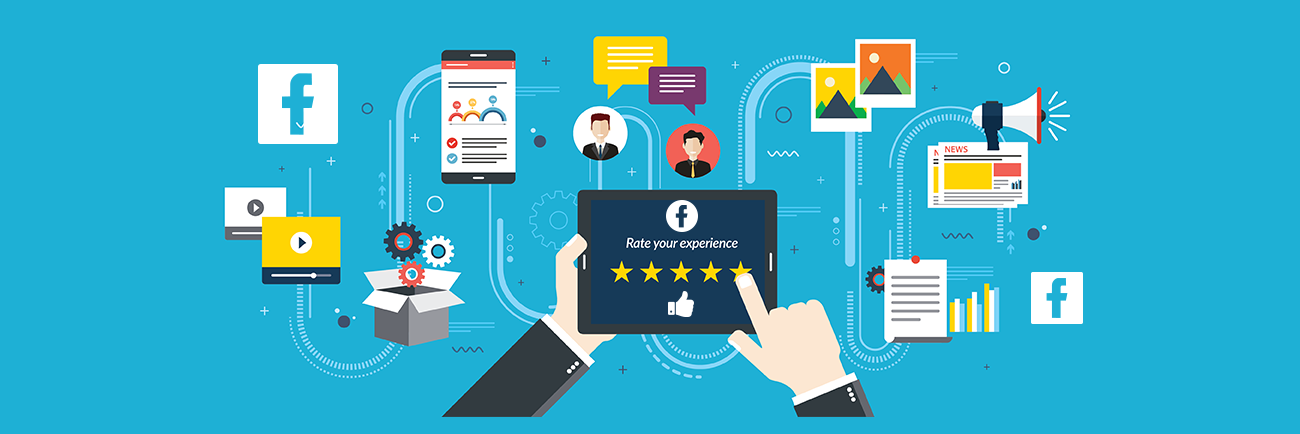 Rating system on tablet screen with stars to check facebook business page and content marketing