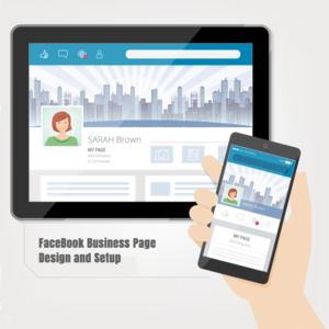 Social media network creating a facebook business page, user profiles on tablet and smartphone